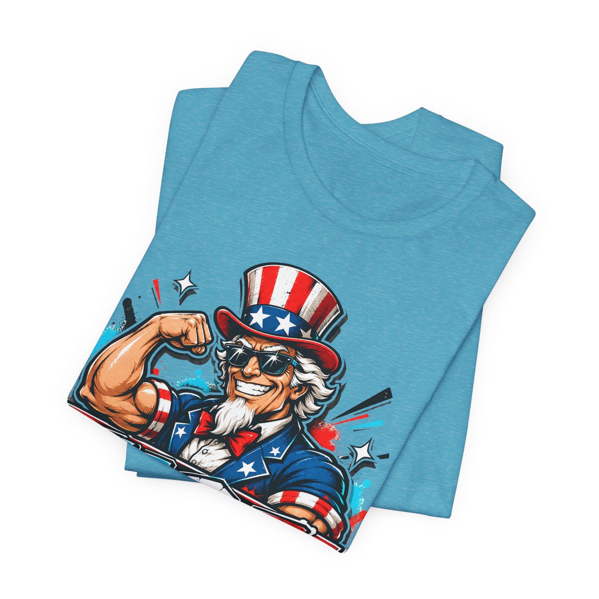 Men's aqua graphic T-shirt with Uncle Sam face and USA patriotic print