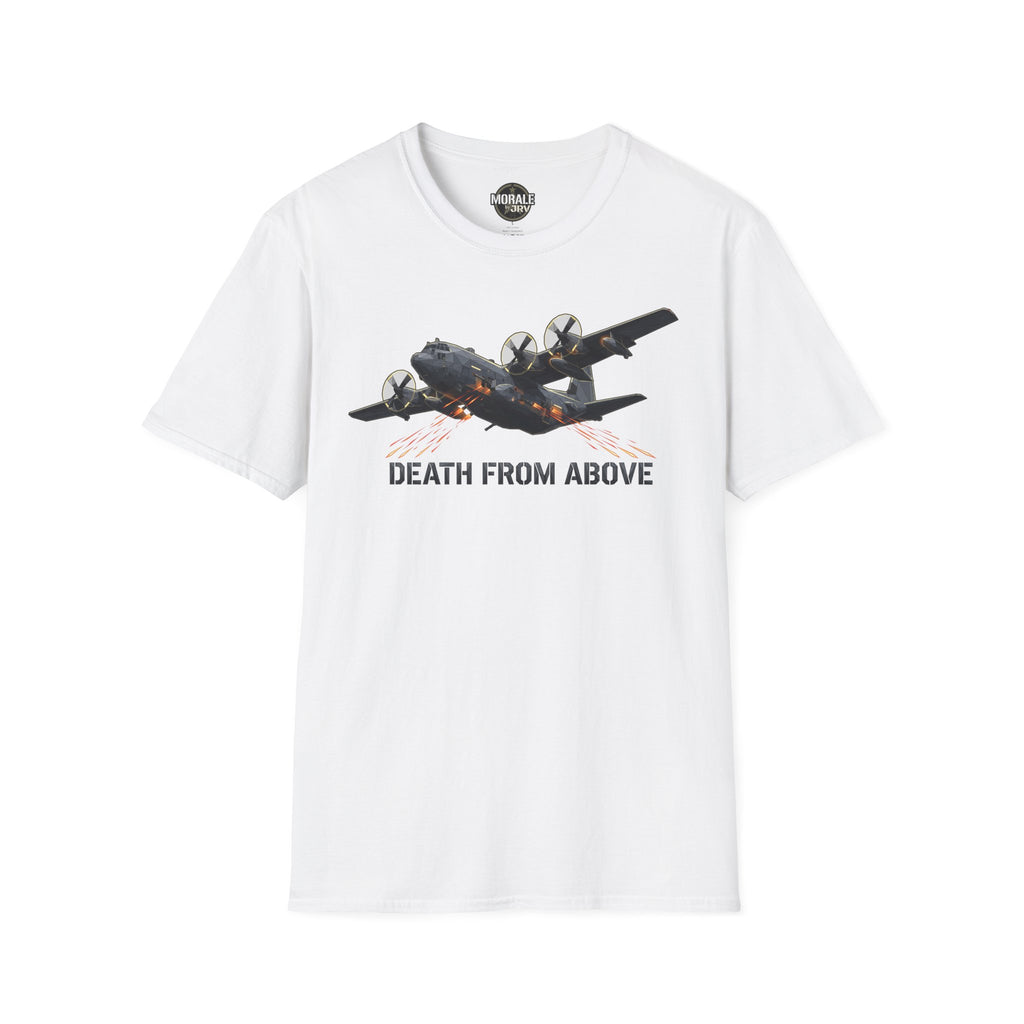 Death From Above T-Shirt in white with dark military plane graphic and orange accents