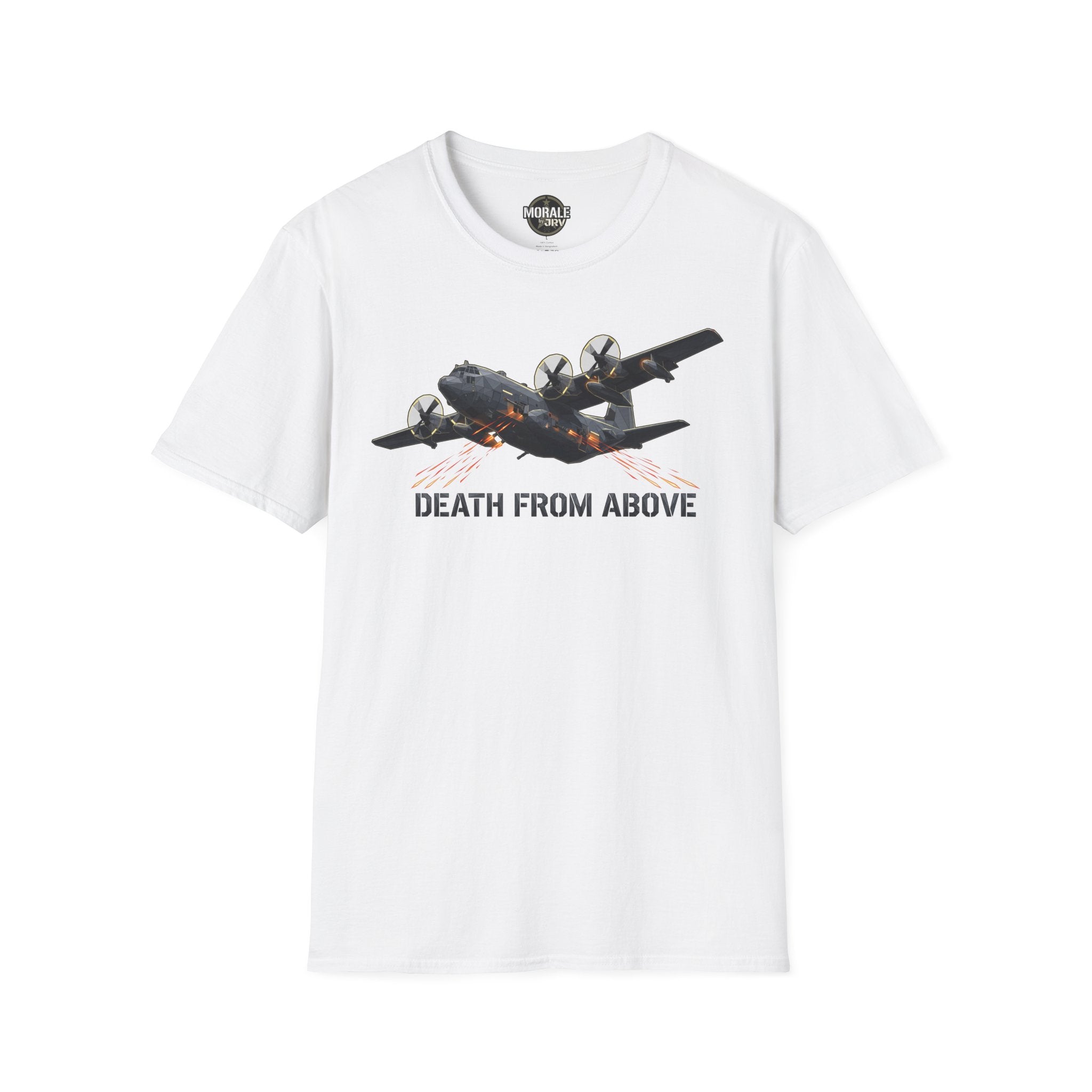 Death From Above T-Shirt in white with dark military plane graphic and orange accents