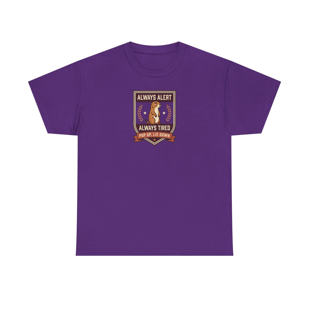 Purple badge graphic T-shirt with “Always Alert” and “Always Tired” text