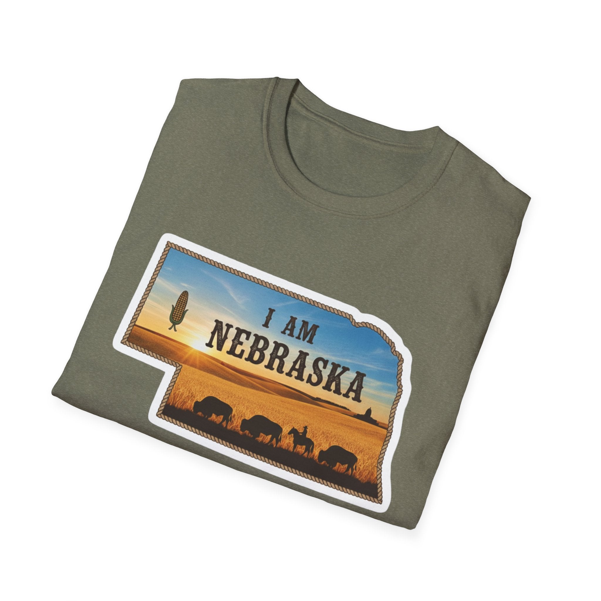 I Am Nebraska T-Shirt in Heather Military Green, Nebraska sunset silhouette front graphic