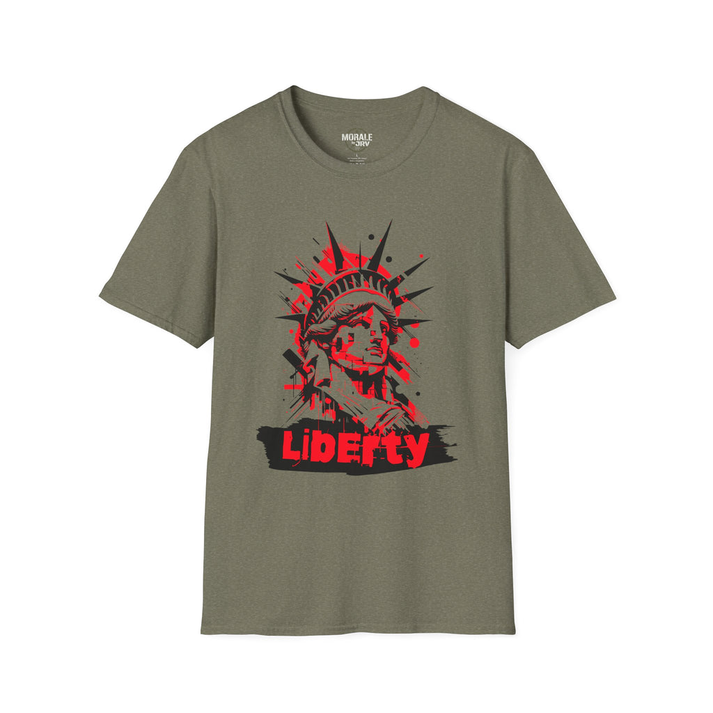 Liberty Statue graphic T-shirt, military green; red-and-black “Liberty” chest print