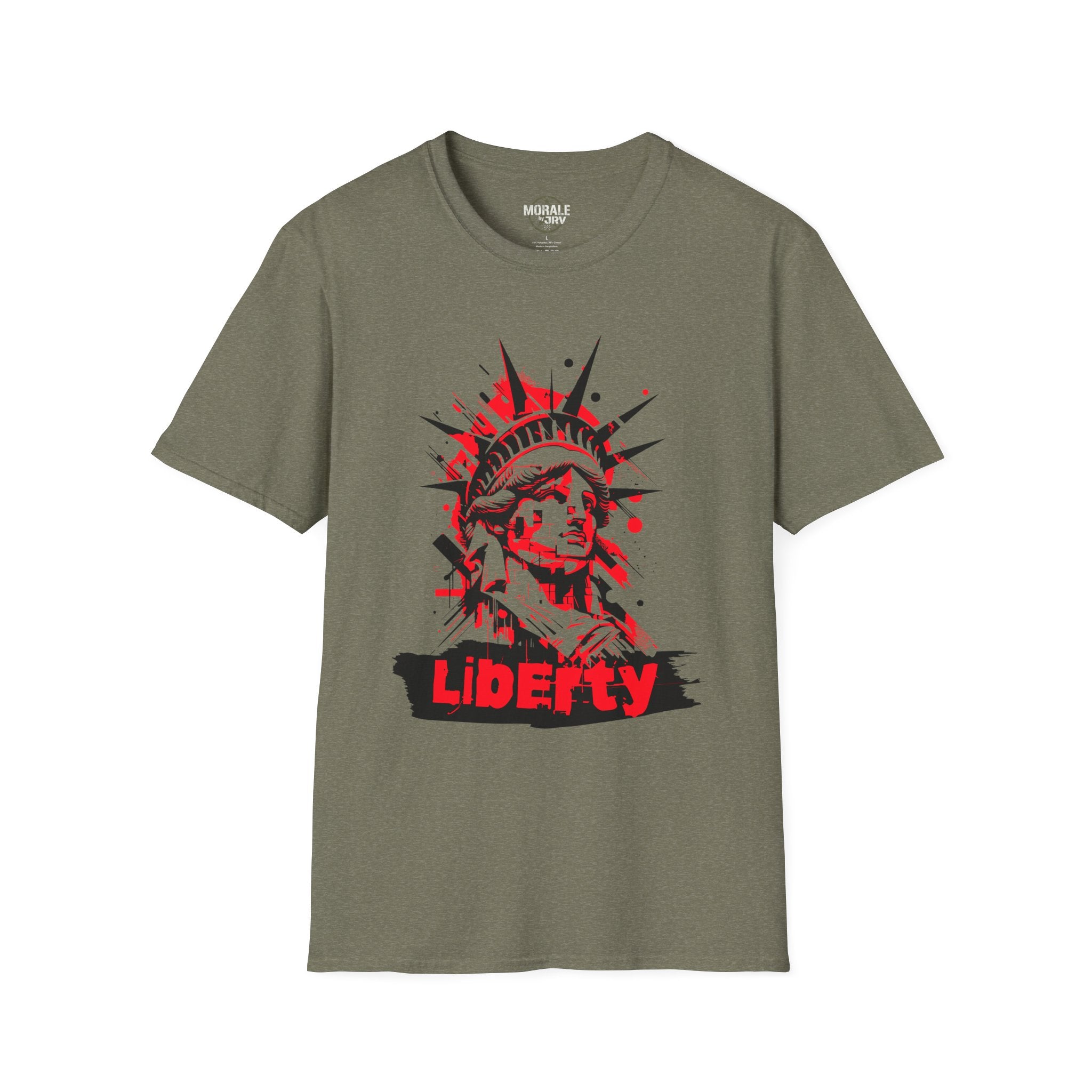 Liberty Statue graphic T-shirt, military green; red-and-black “Liberty” chest print