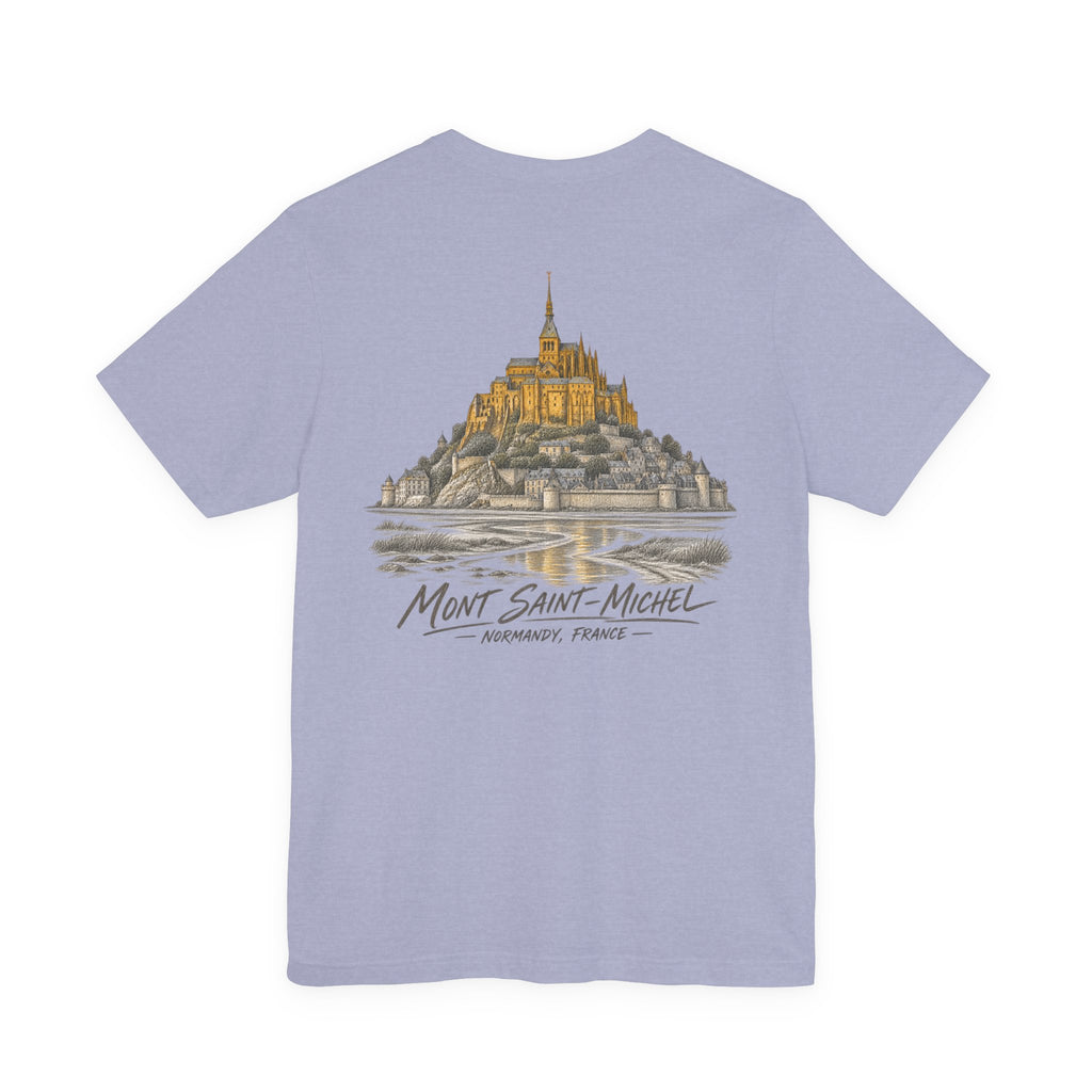 Lavender crew neck T-shirt with Mont Saint-Michel illustrated landmark on center chest