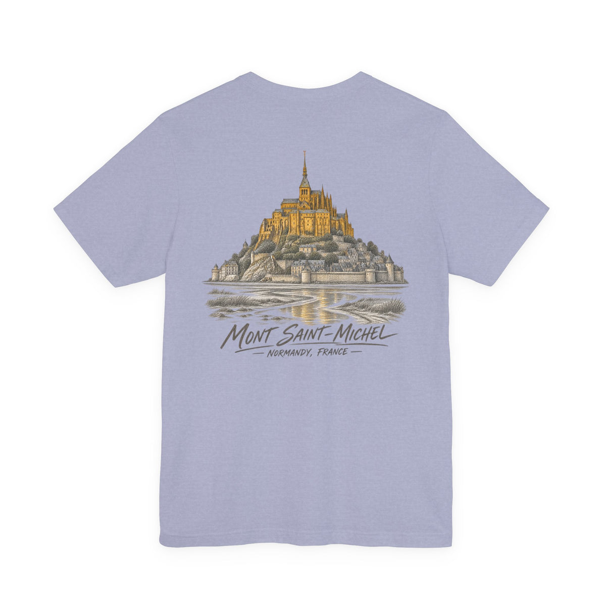 Lavender crew neck T-shirt with Mont Saint-Michel illustrated landmark on center chest