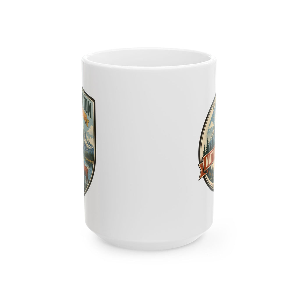 White ceramic mug with partial circular park graphic on side