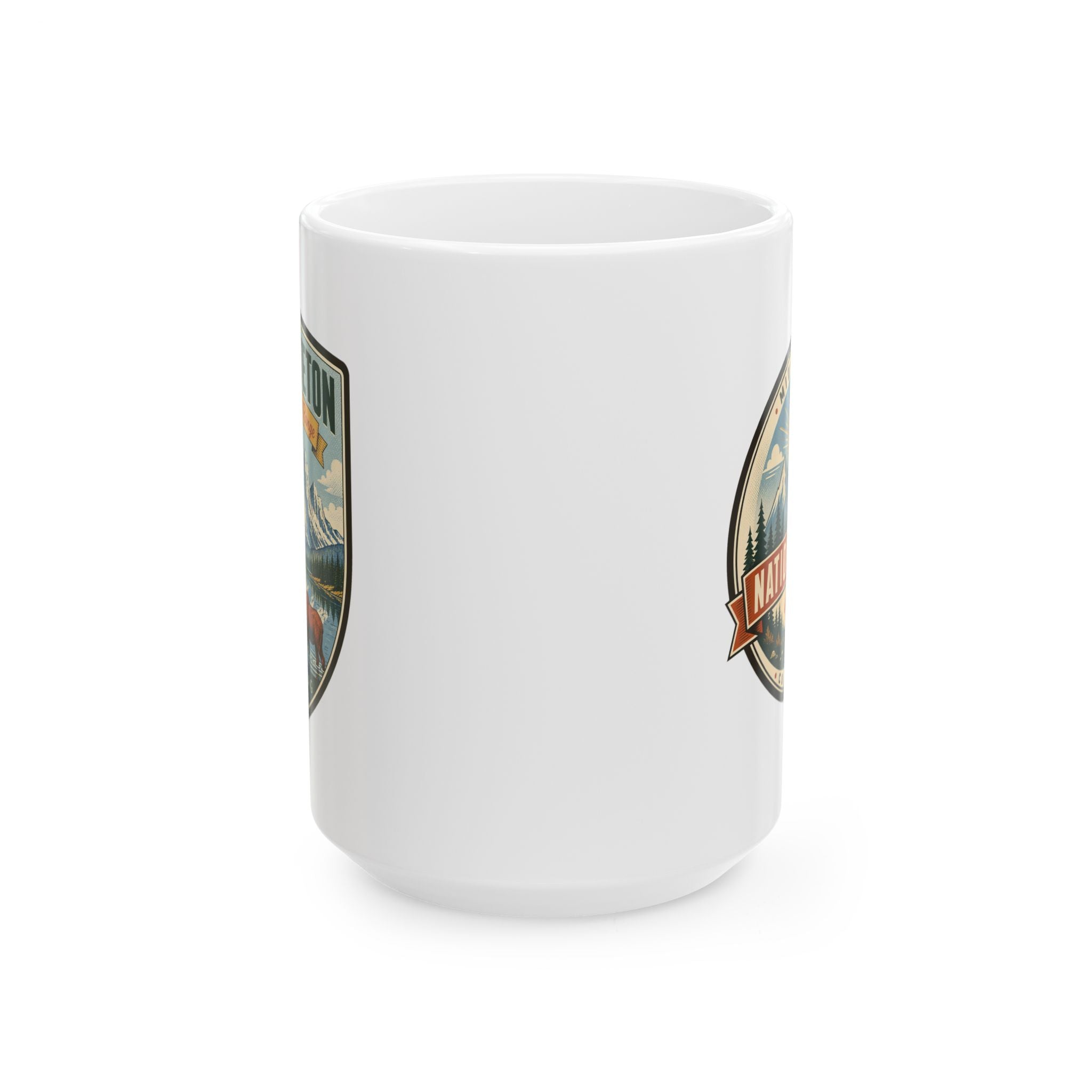 White ceramic mug with partial circular park graphic on side
