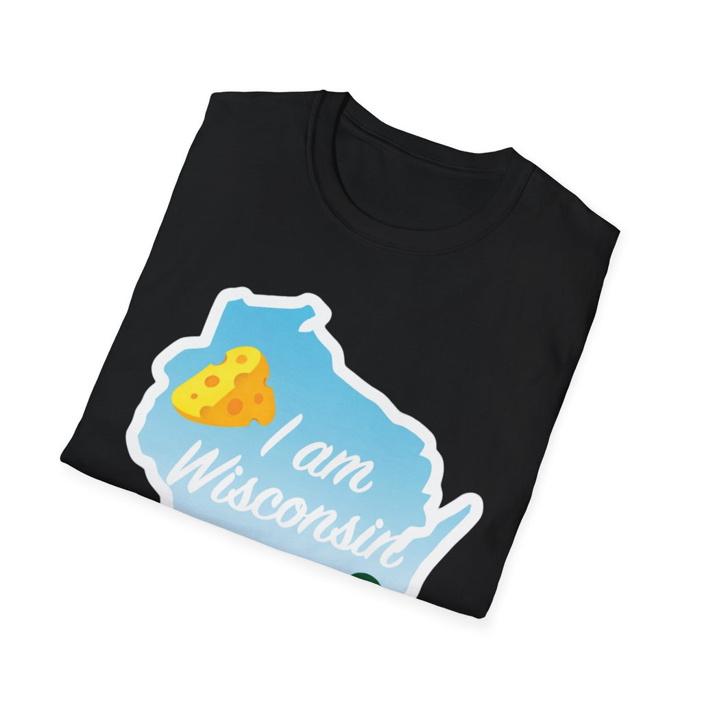 I Am Wisconsin T-Shirt, black with Wisconsin outline cheese and landscape graphic