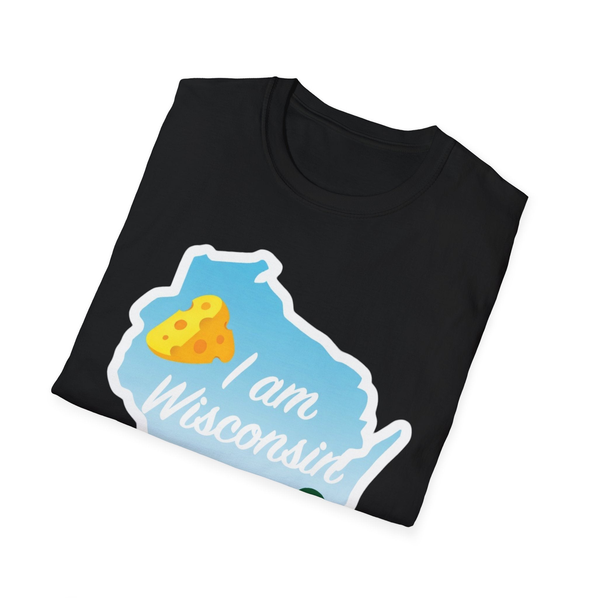 I Am Wisconsin T-Shirt, black with Wisconsin outline cheese and landscape graphic