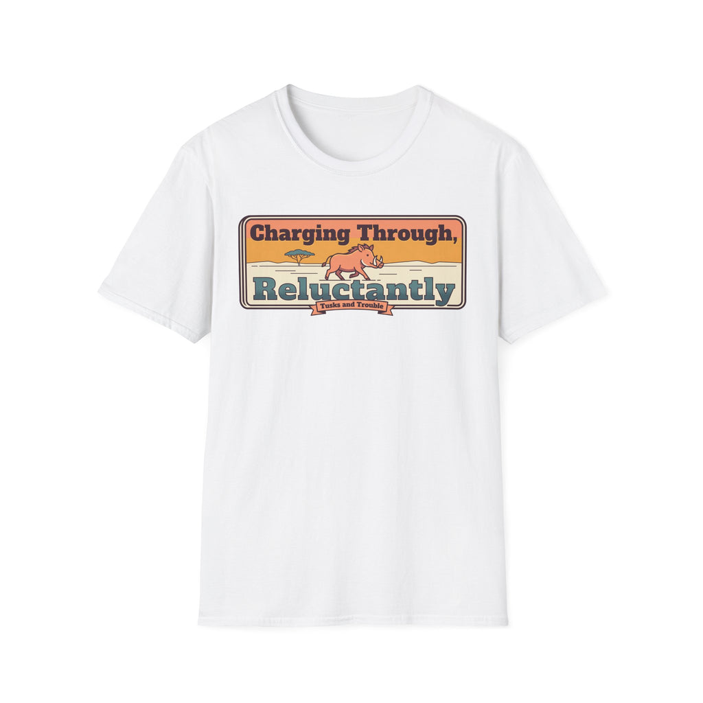 White crewneck T-shirt with front retro banner rhino graphic
