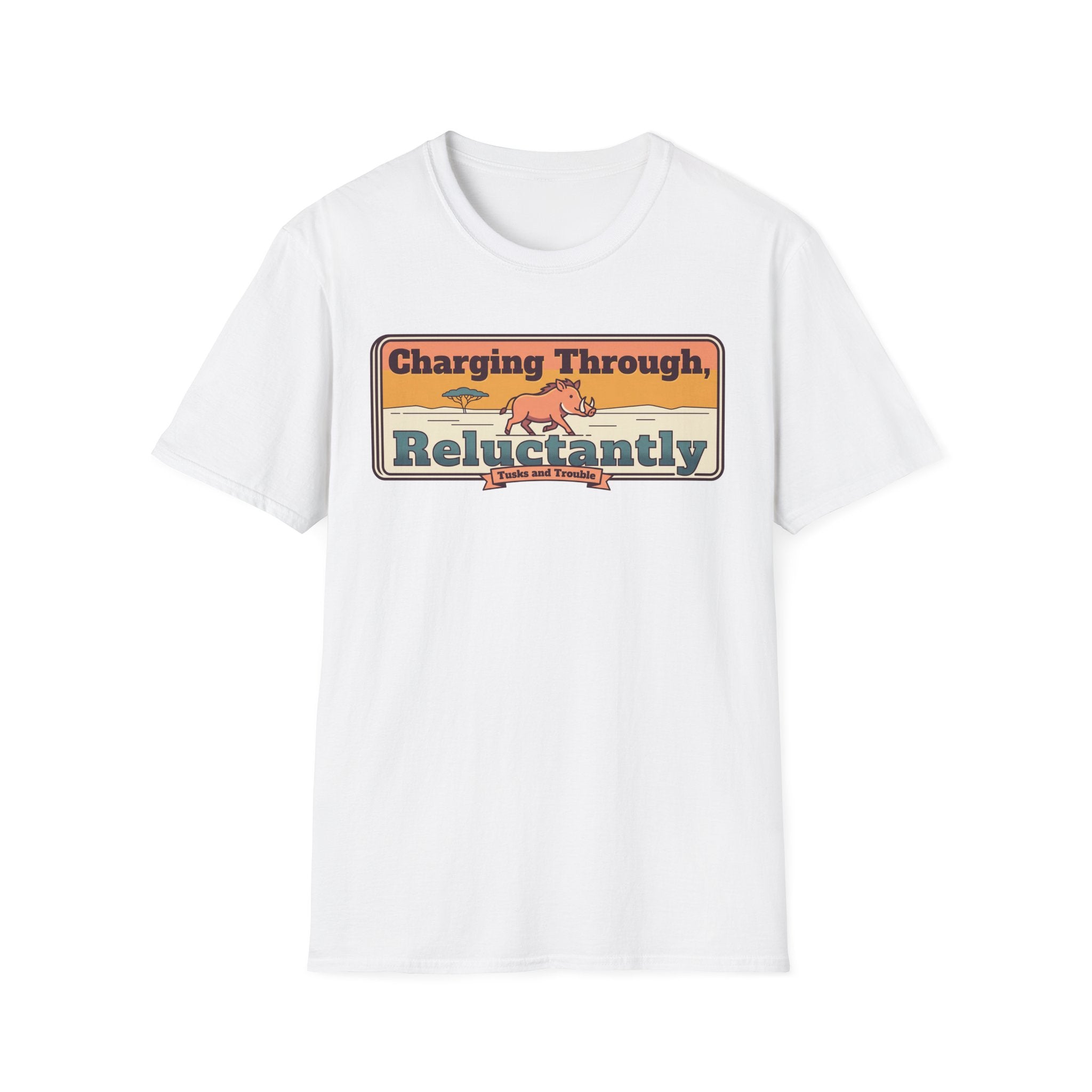 White crewneck T-shirt with front retro banner rhino graphic