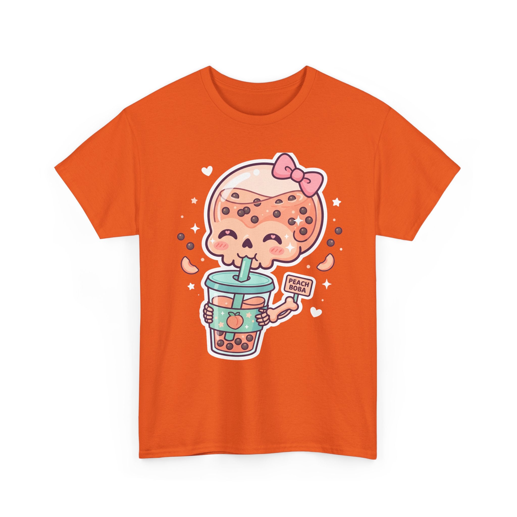 Boba Tea Skull T-Shirt, orange, kawaii boba skull graphic on front