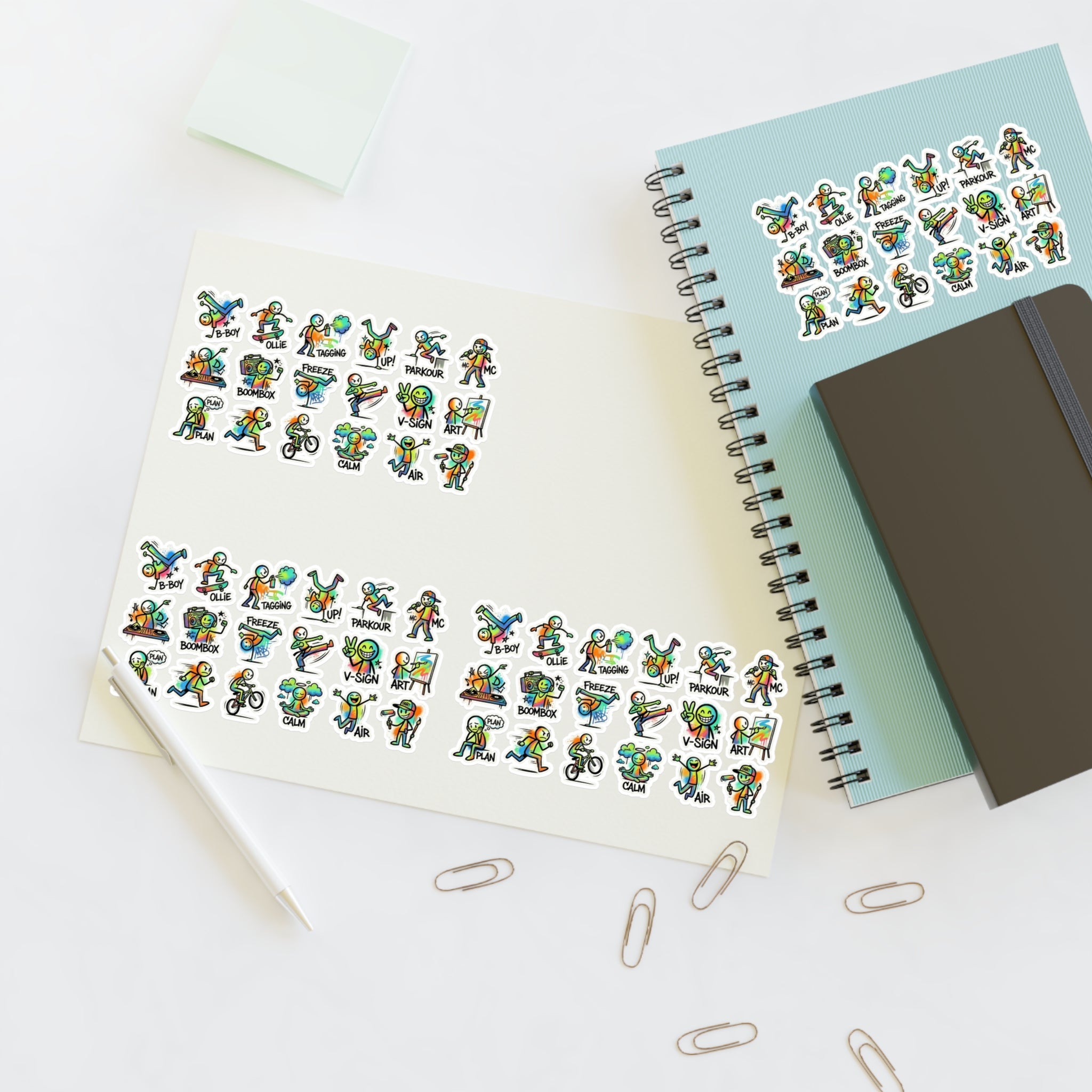 Sticker sheet page with many die-cut exercise character icons for planners, colorful