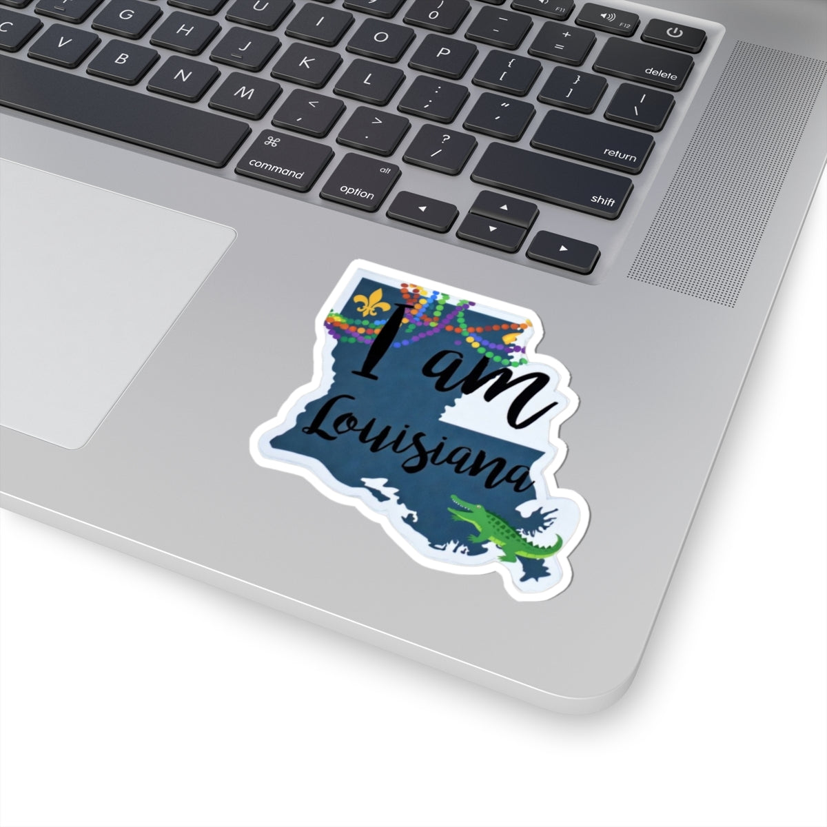 I Am Louisiana sticker on laptop, fleur-de-lis and alligator with rainbow dots