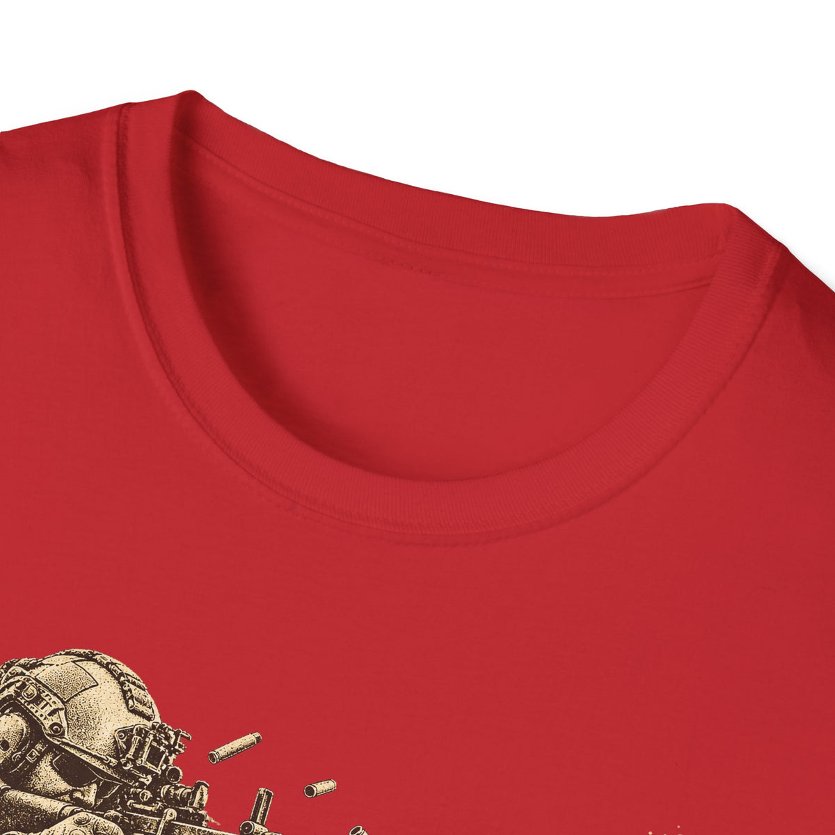 Red crewneck t-shirt neckline and short sleeves.