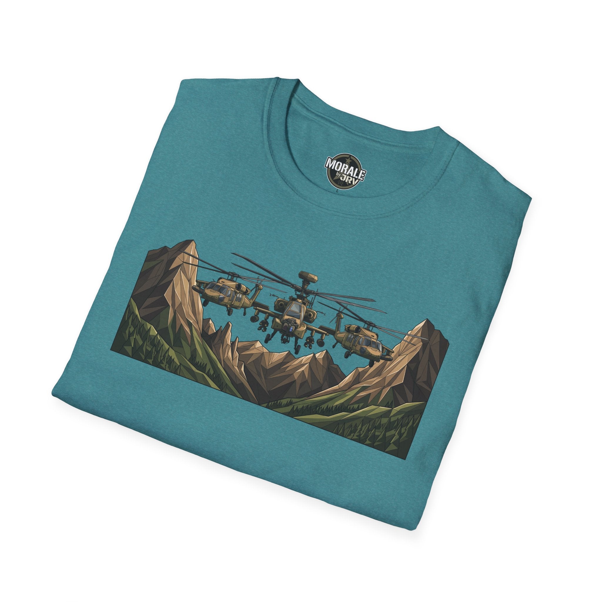 Teal graphic T-shirt with helicopters over mountain landscape