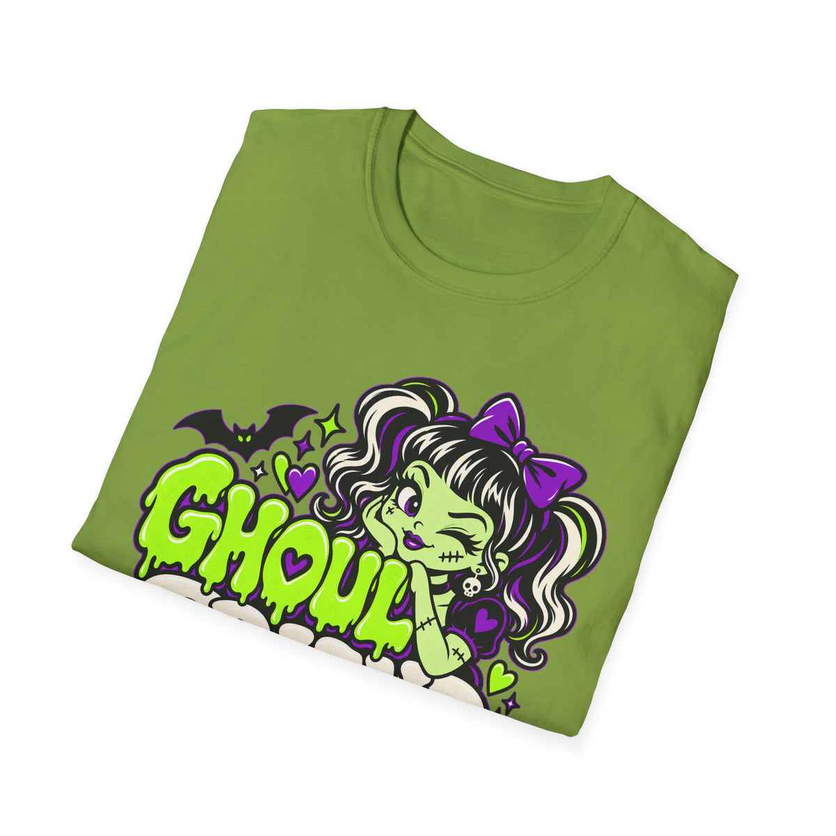Green T-shirt with cartoon ghoul graphic, heart details, and purple bat accents