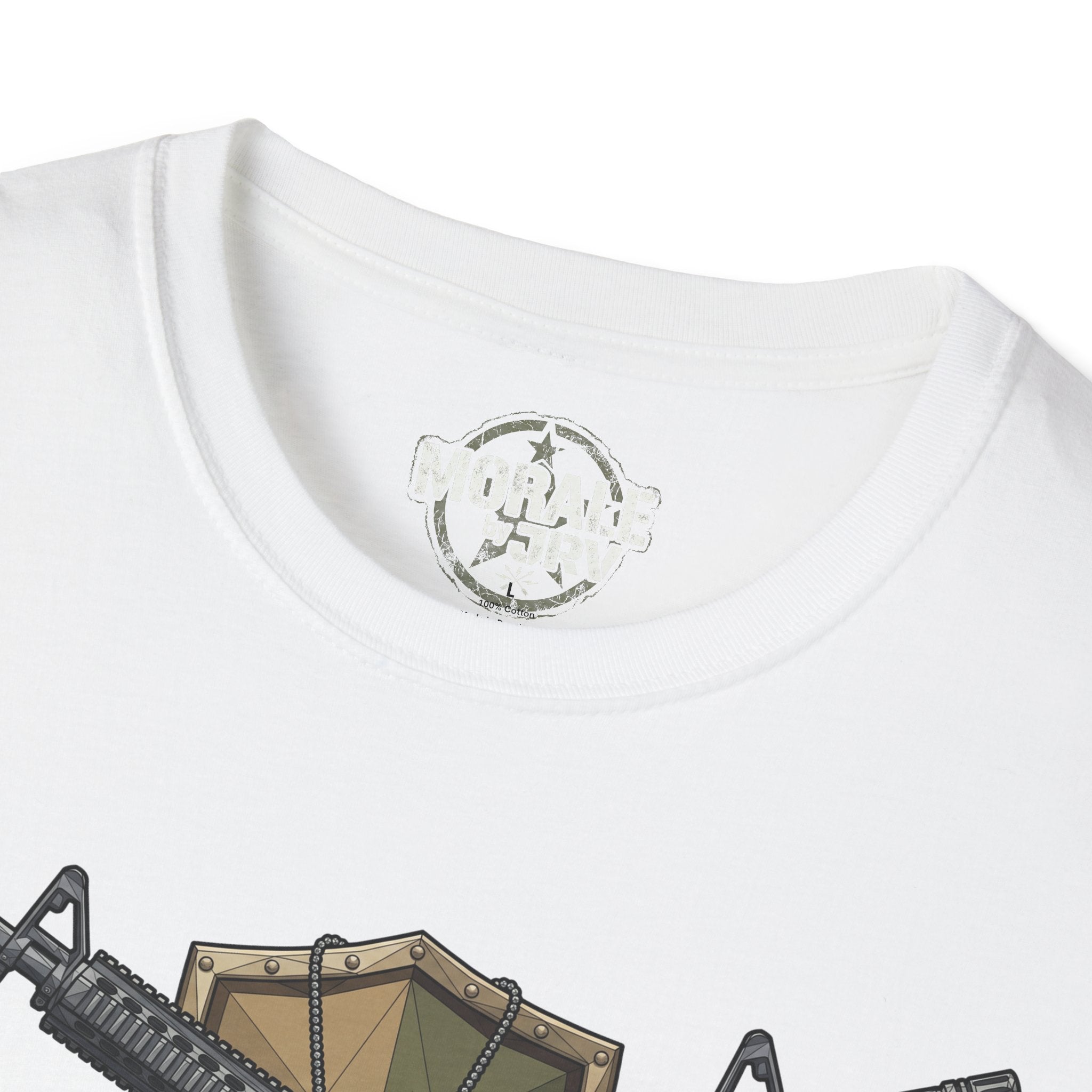 White T-shirt close-up of crew collar label and partial crossed rifles shield graphic