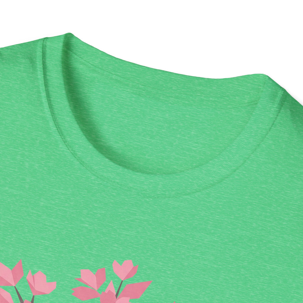 Green T-shirt, crew neck and pink cherry blossom graphic detail at hem