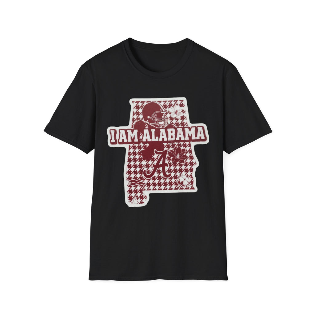 I Am Alabama houndstooth graphic T-shirt, black base, maroon state logo with text