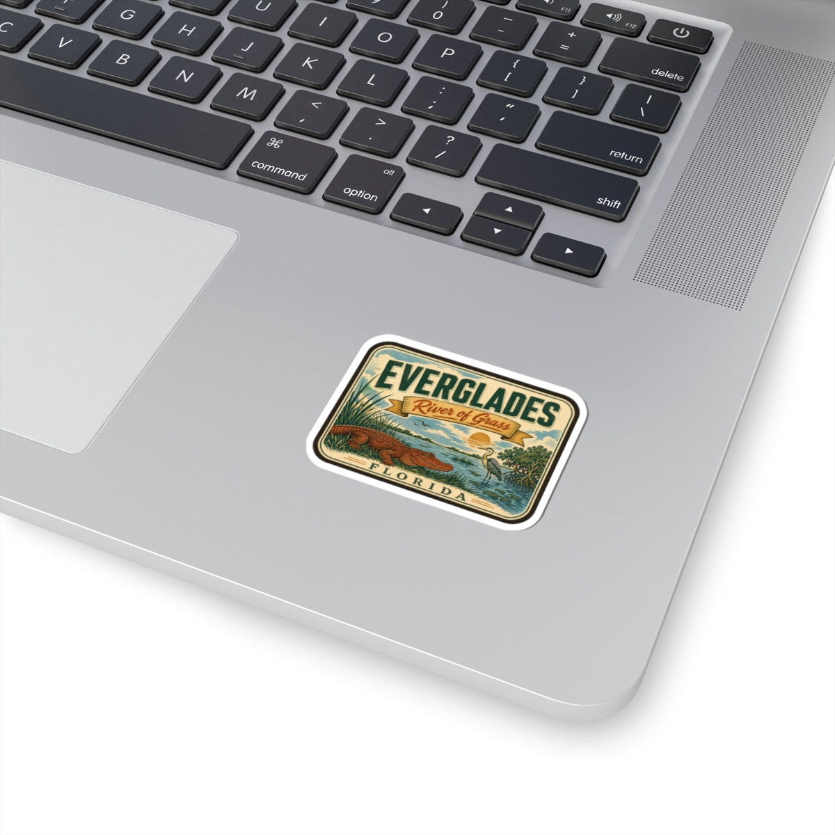 Everglades travel sticker with vintage logo, green border, and 'Florida' text