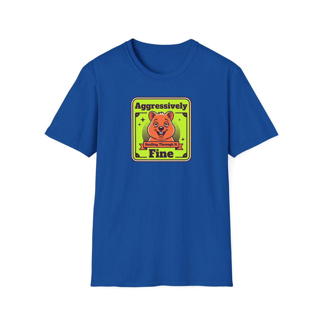 Blue T-shirt with front graphic of smiling orange bear and neon text label