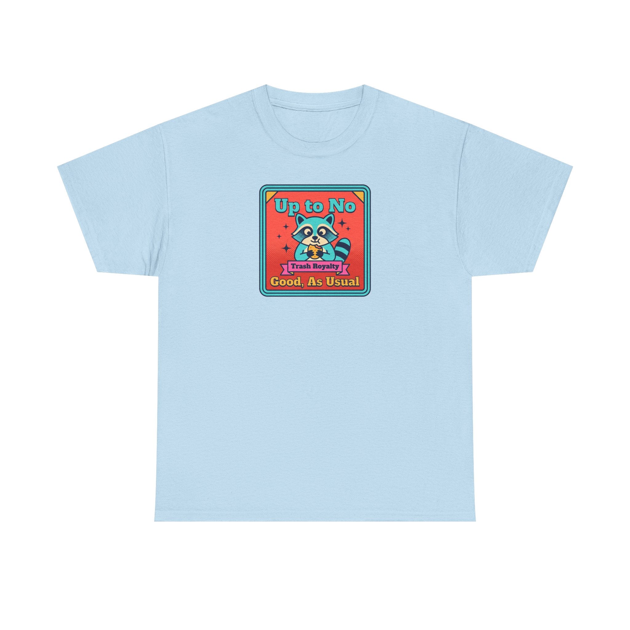 Light blue T-shirt with small square raccoon graphic text “Up to No Good, As Usual”