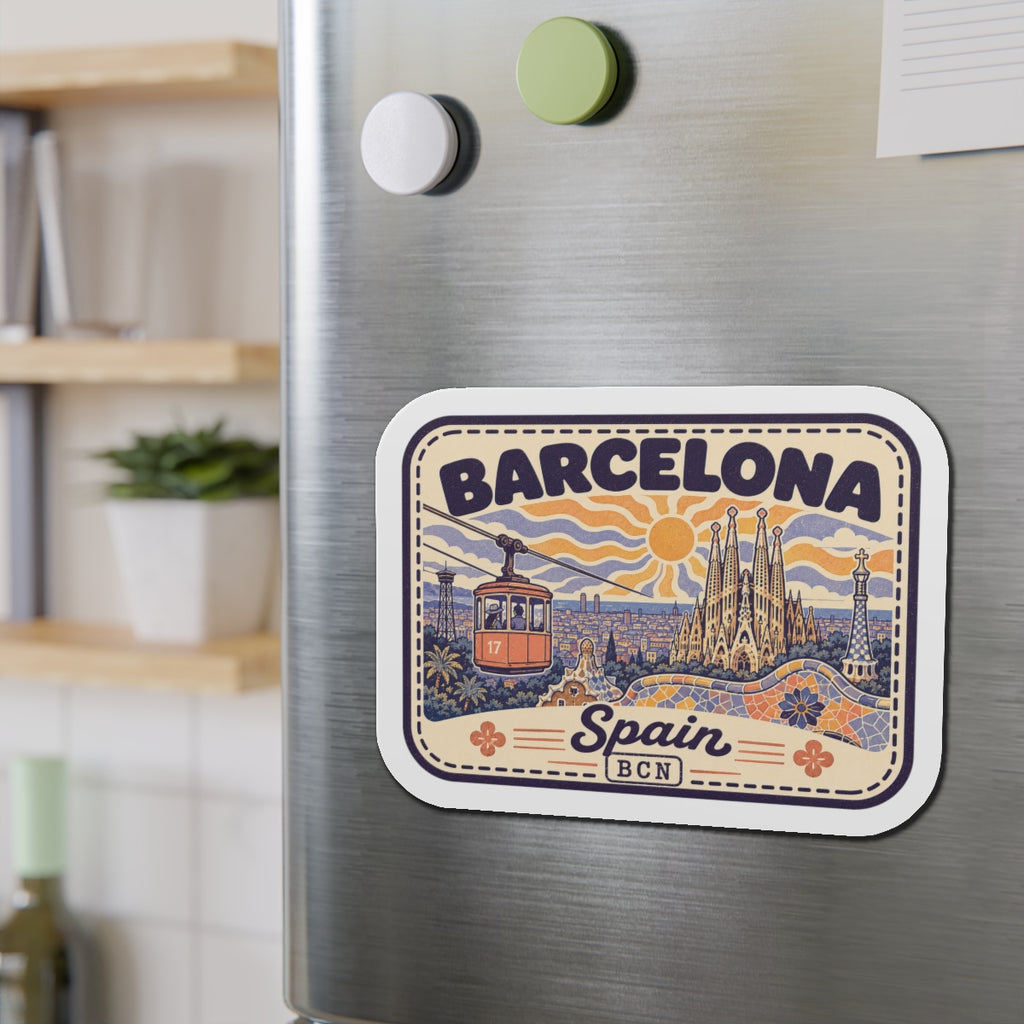 Die-cut Barcelona Spain magnet sticker with rounded edges and 'BCN' text at bottom