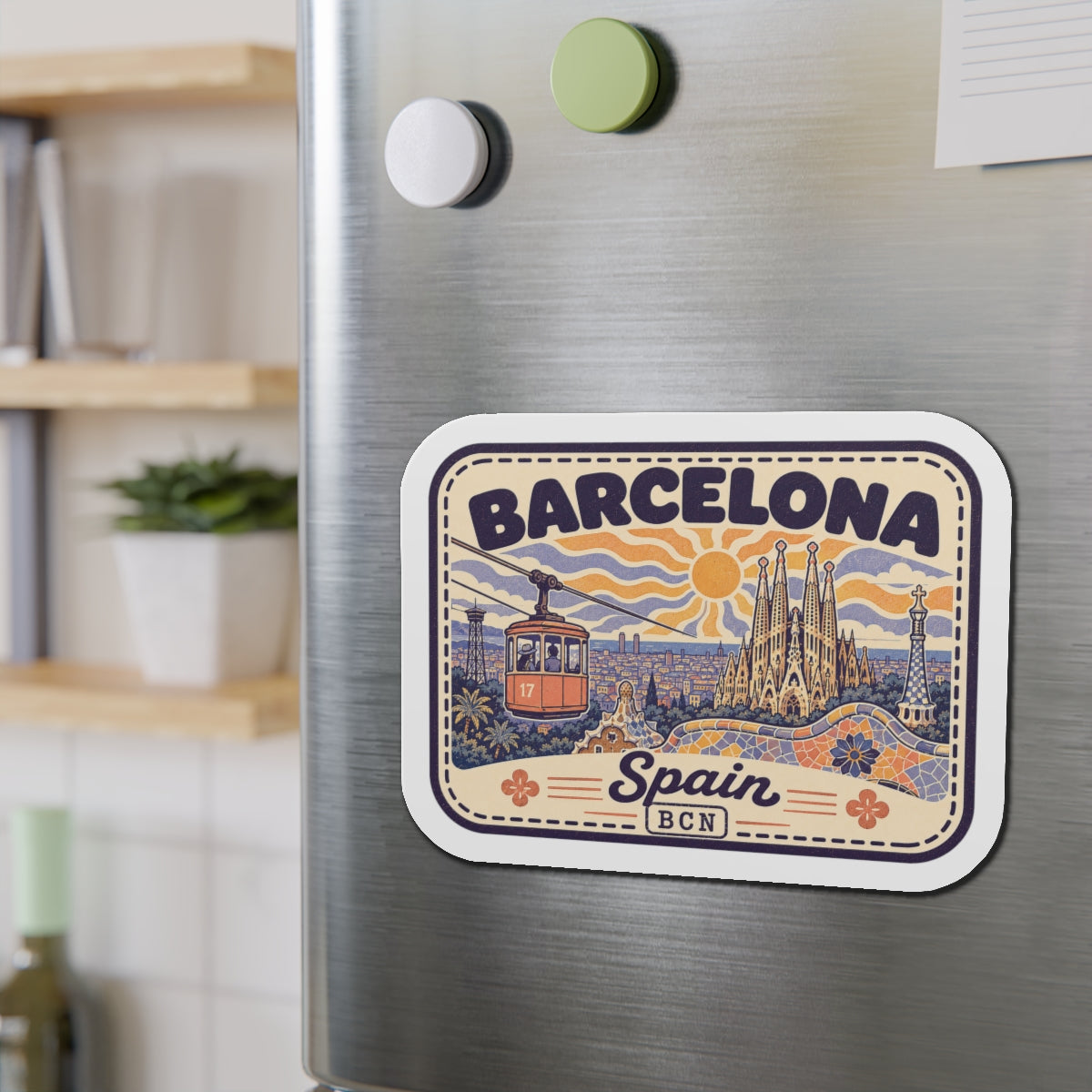 Die-cut Barcelona Spain magnet sticker with rounded edges and 'BCN' text at bottom