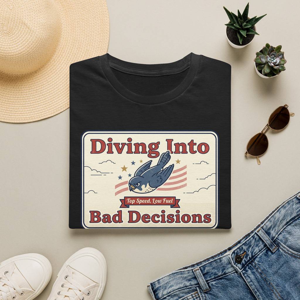 Black T-shirt with retro shark graphic and "Diving Into Bad Decisions" text.