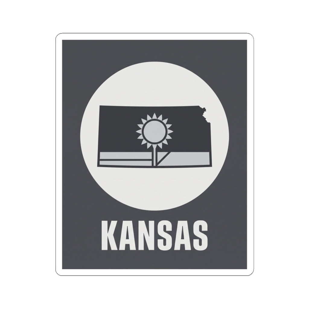 Kansas state sticker with sun and wheat field graphic on dark gray background, white circle