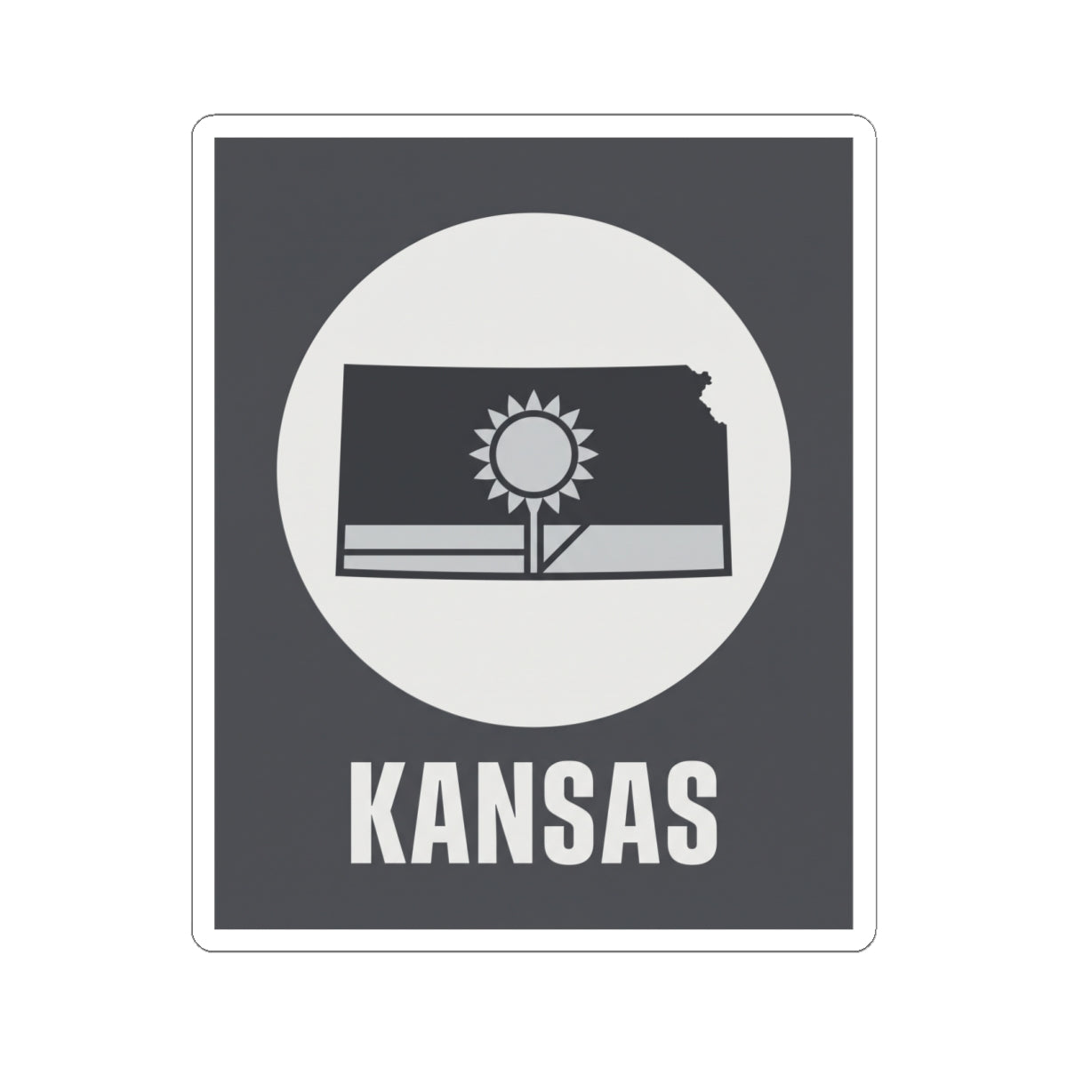 Kansas state sticker with sun and wheat field graphic on dark gray background, white circle