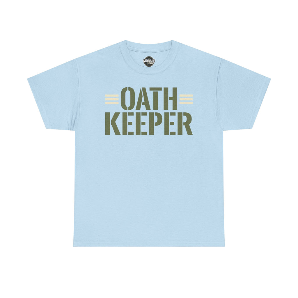 Light blue T-shirt with crew neck and large "OATH KEEPER" front graphic print