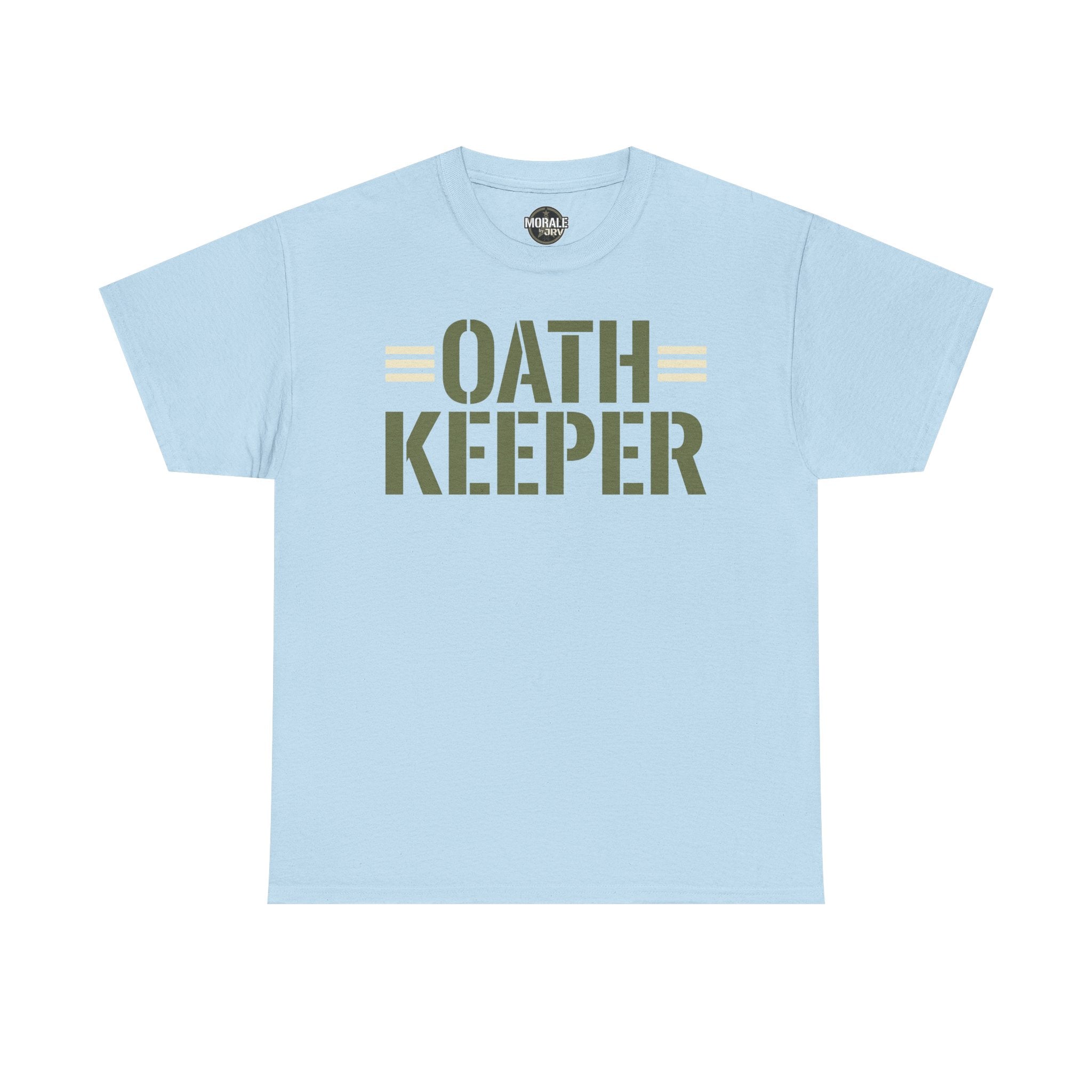Light blue T-shirt with crew neck and large "OATH KEEPER" front graphic print