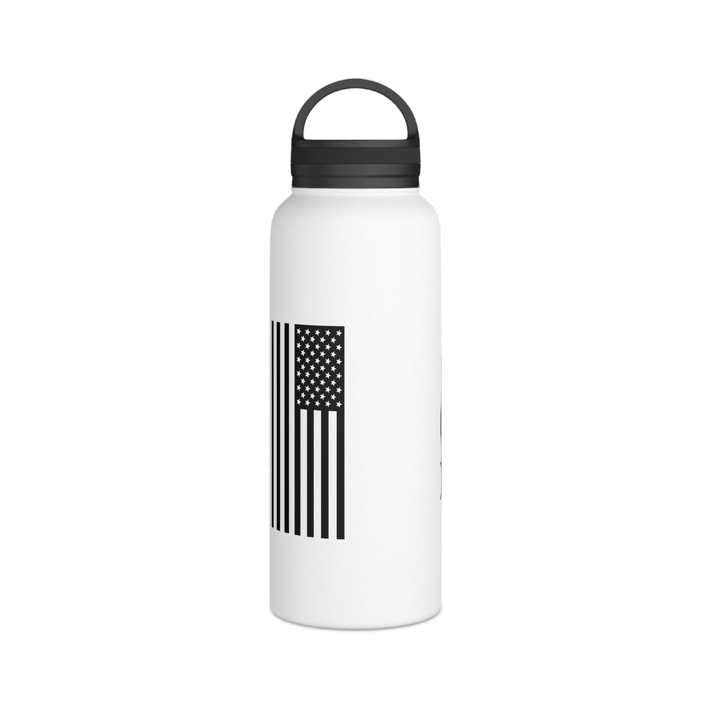 White stainless steel water bottle with black lid and American flag stripe decal