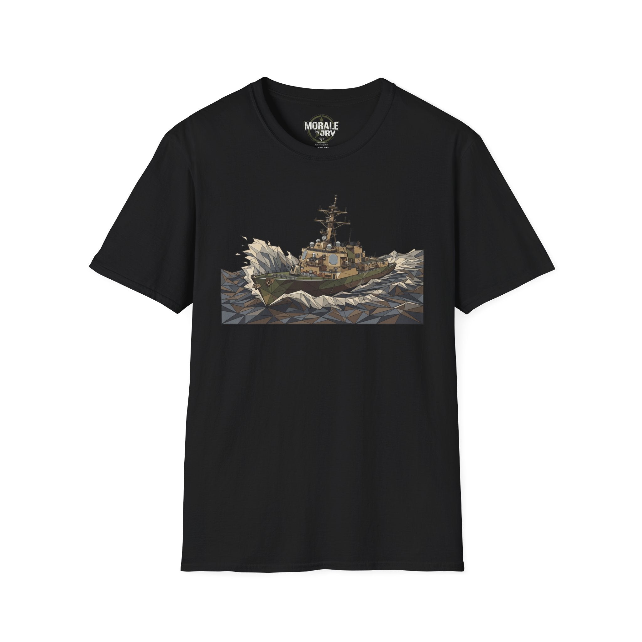 Black maritime rescue T-shirt with rough seas cutter ship graphic on the front