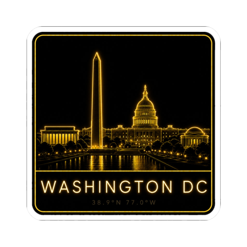Neon outline Washington DC skyline sticker with gold Capitol dome and Washington Monument lights