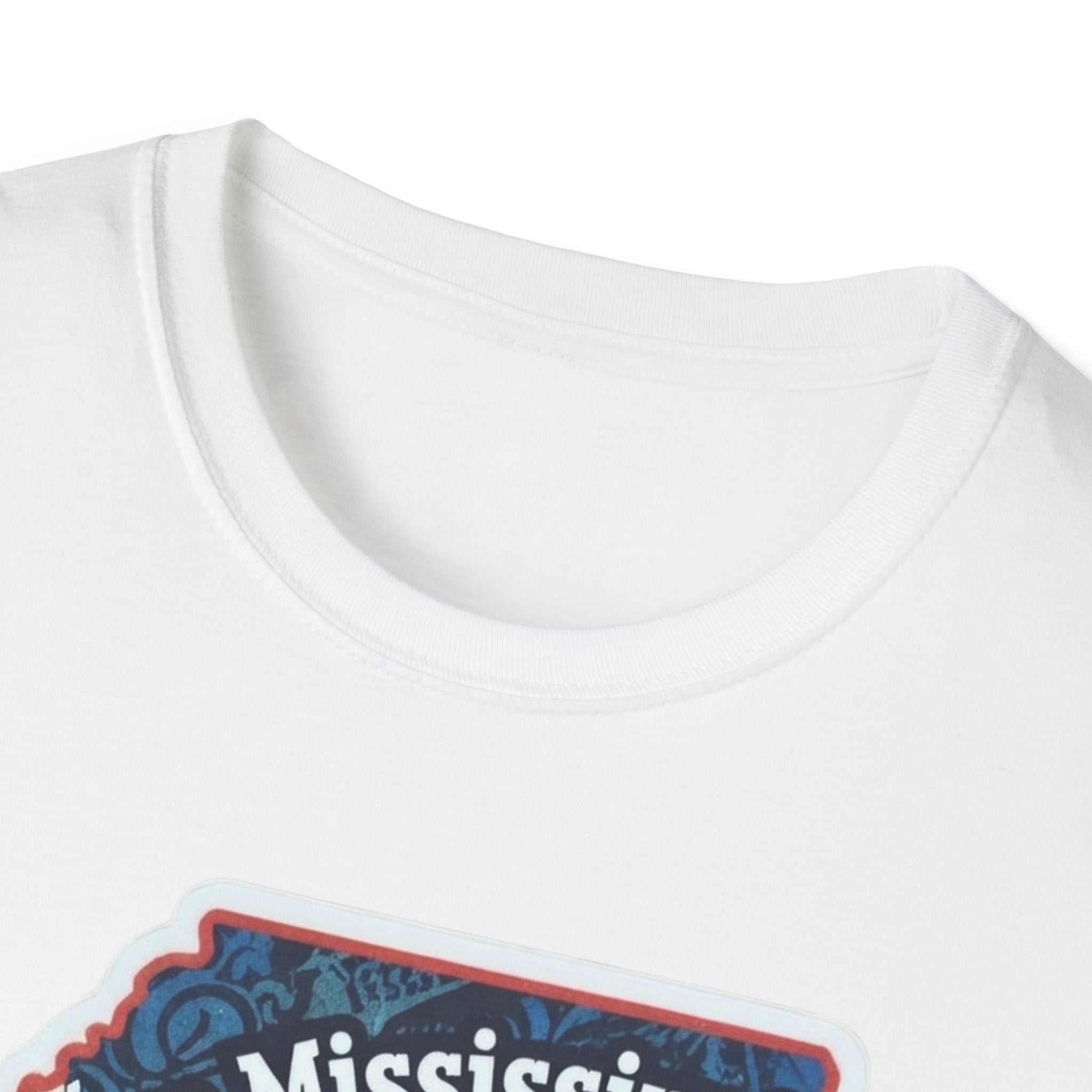 White T-shirt neckline with partial Mississippi state graphic print