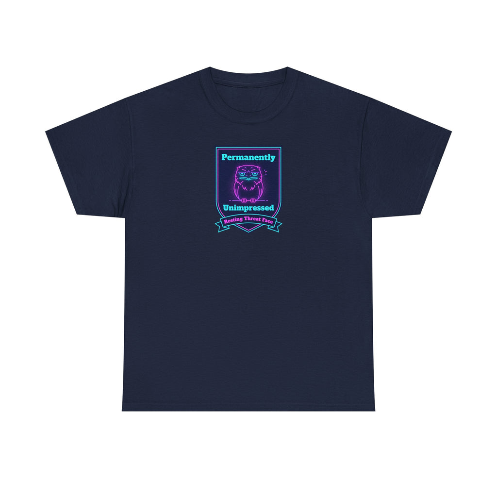 Navy crewneck T-shirt with neon robot badge graphic centered on chest