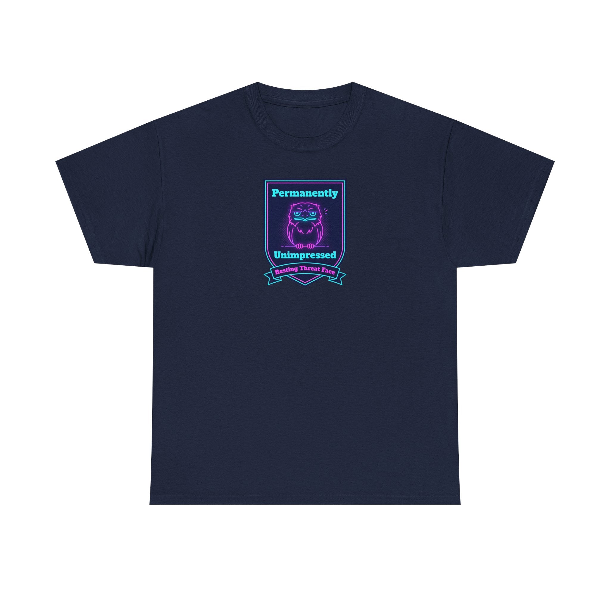 Navy crewneck T-shirt with neon robot badge graphic centered on chest