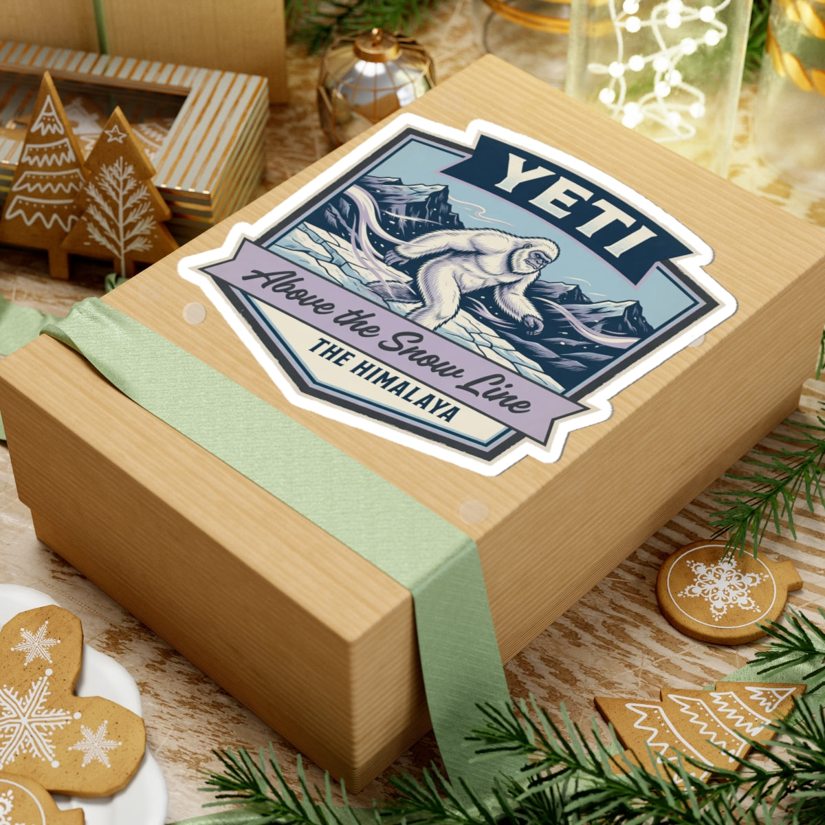YETI die-cut sticker on wrapped gift box, “Above the Snow Line” “The Himalaya”