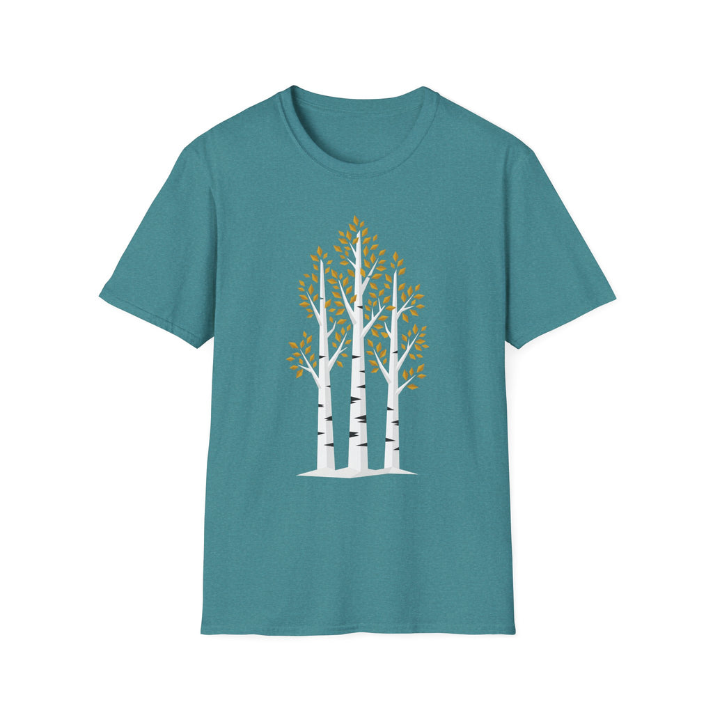 Teal T-shirt with minimalist birch tree graphic and autumn leaf canopy, crew neck