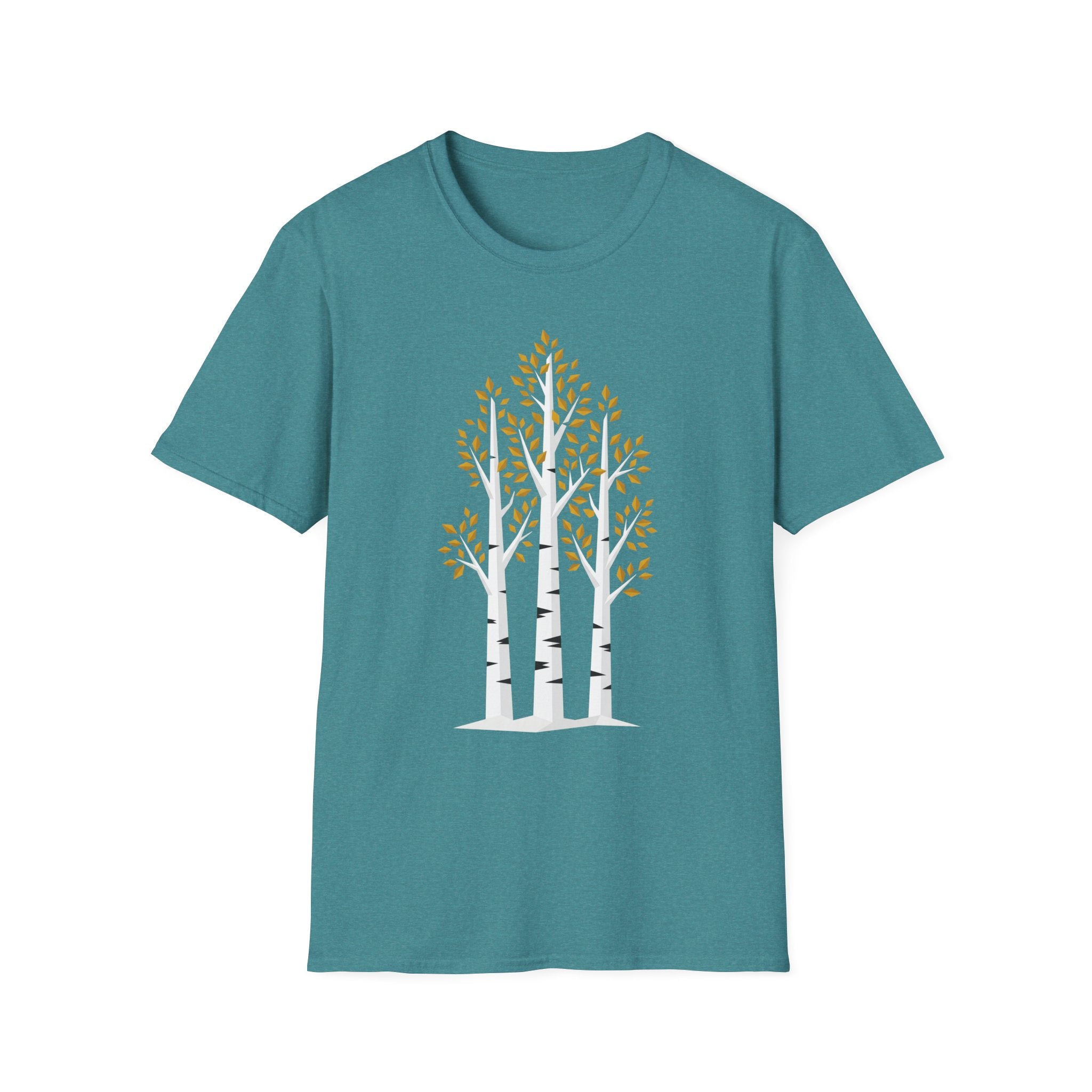 Teal T-shirt with minimalist birch tree graphic and autumn leaf canopy, crew neck