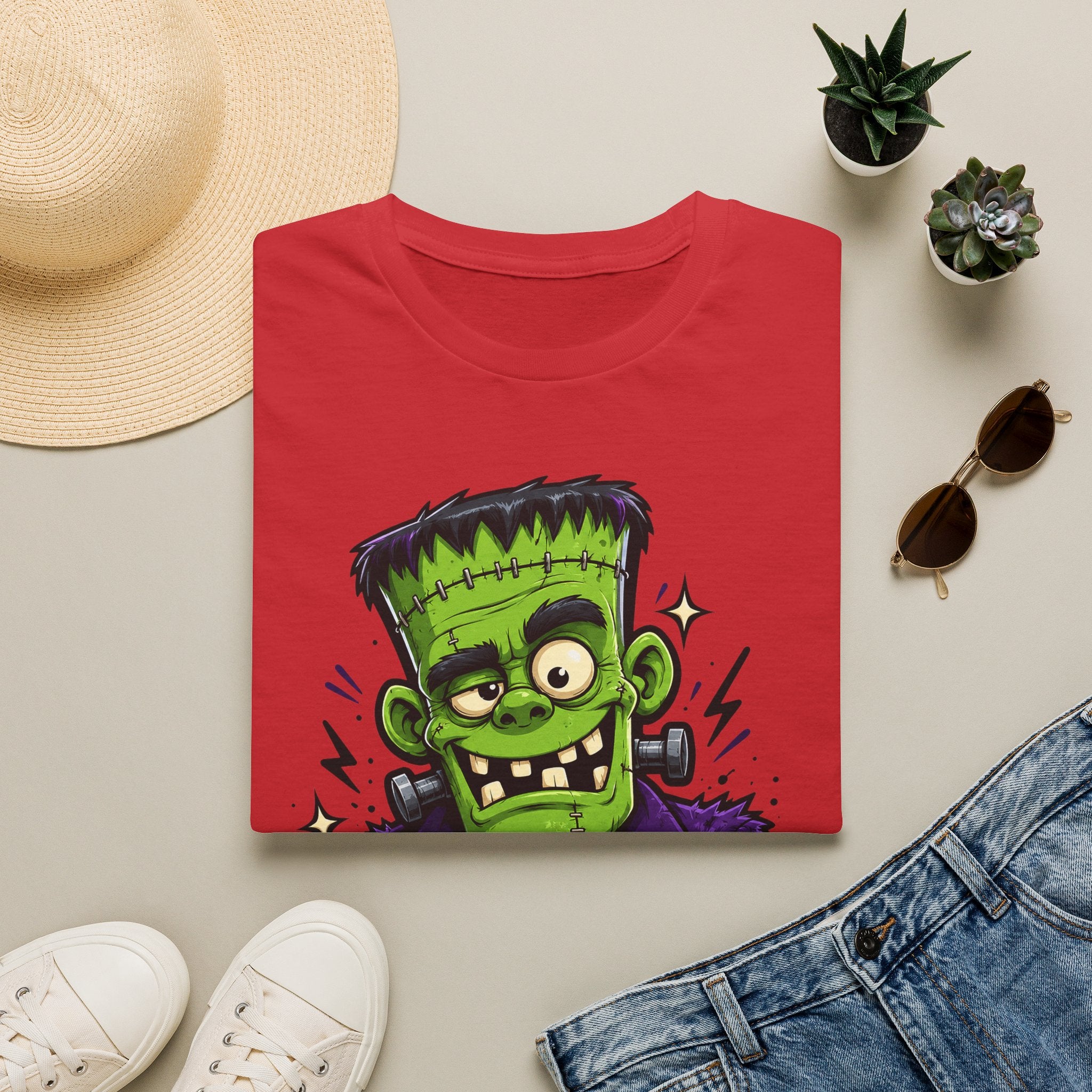 Red T-shirt with cartoon Frankenstein monster graphic on chest