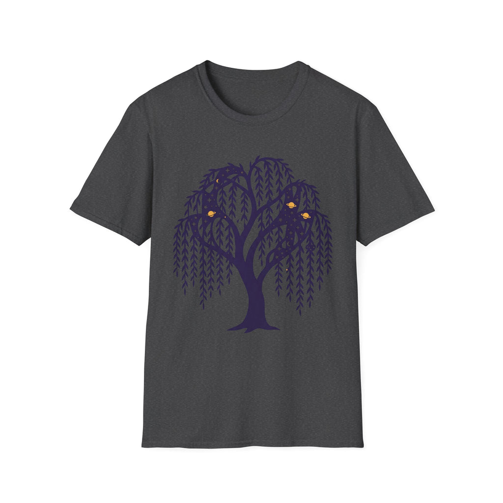 Dark heather T-shirt with dark blue weeping willow and night owl graphic