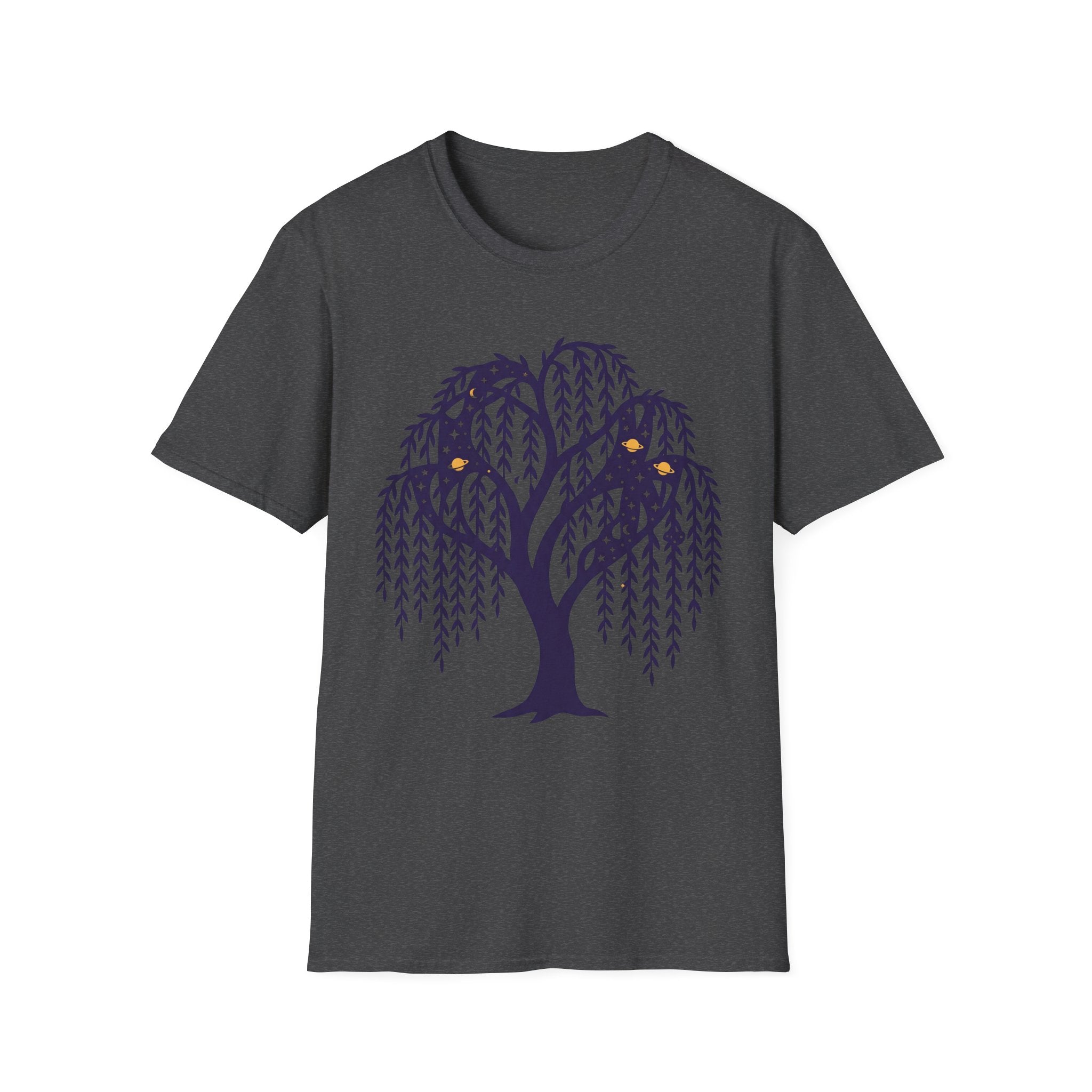 Dark heather T-shirt with dark blue weeping willow and night owl graphic