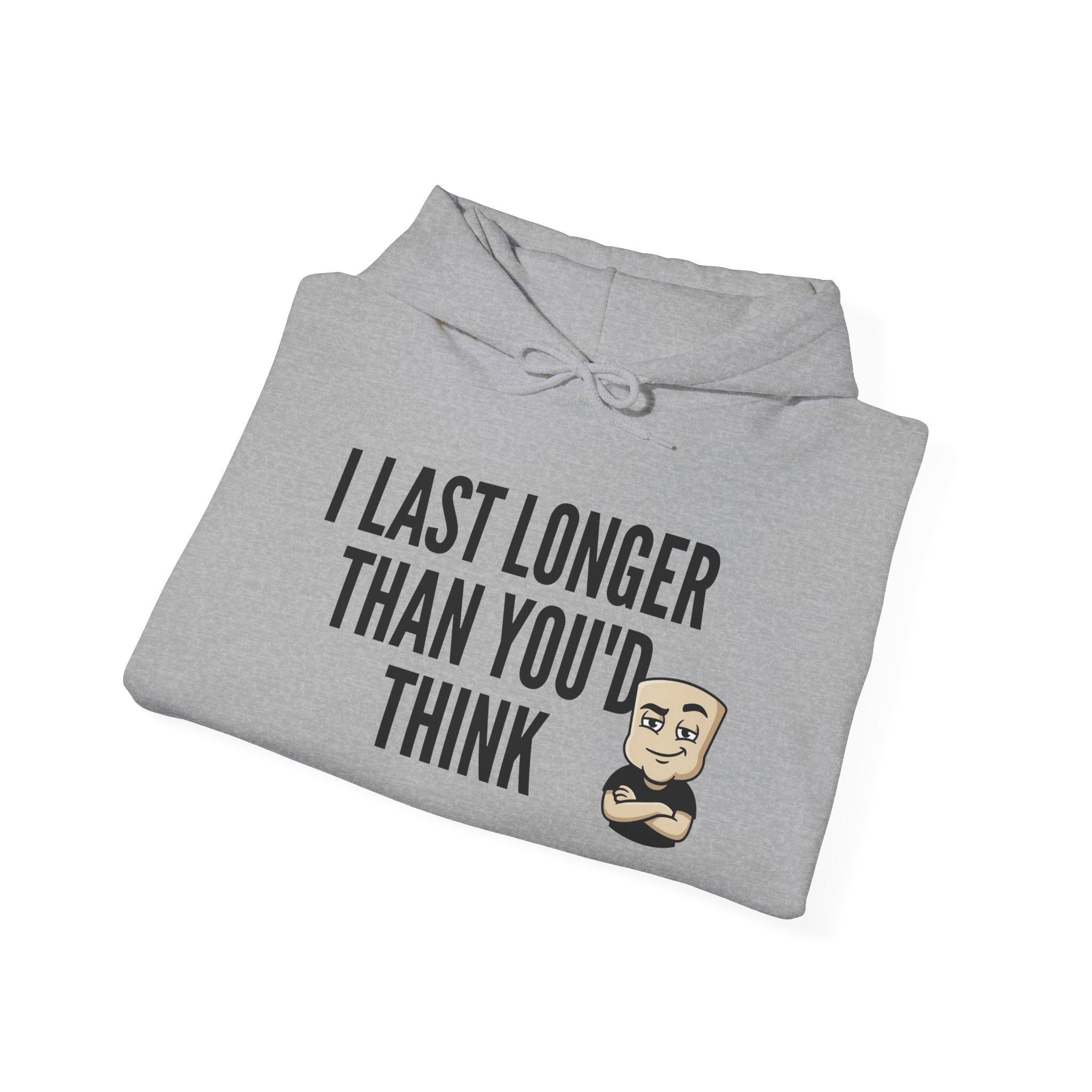 Light gray hoodie with front graphic text and cartoon bearded face, drawstring hood