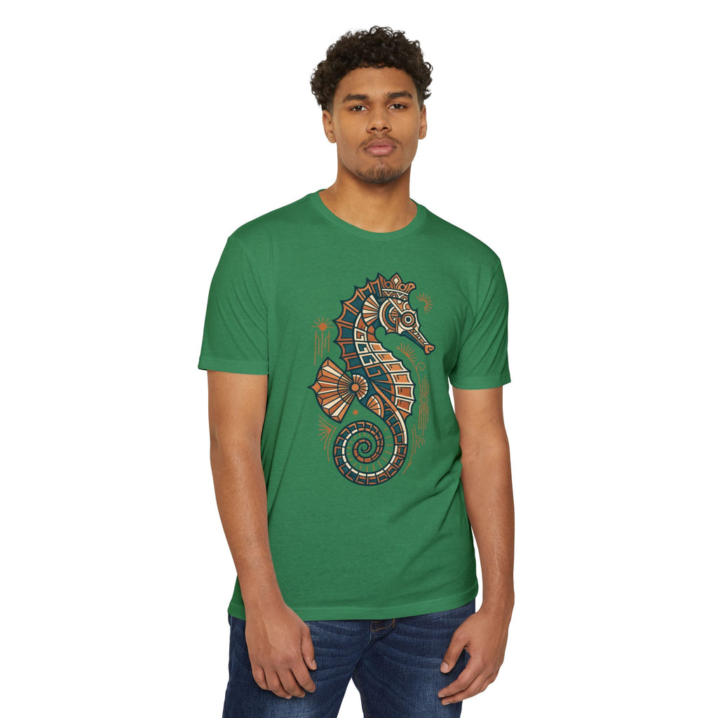 Green crew-neck seahorse graphic t-shirt with colorful mosaic-style print on chest