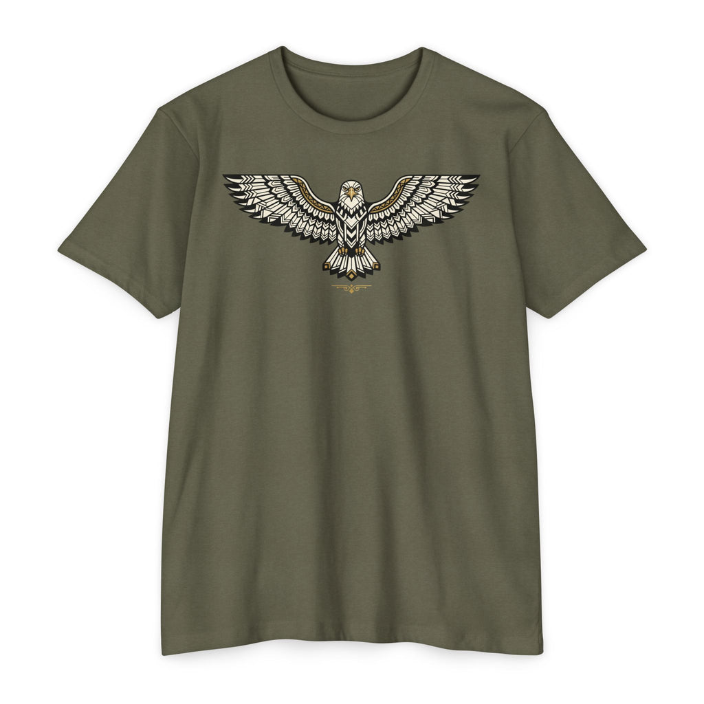 Olive green T-shirt with centered owl wing illustration graphic across the chest