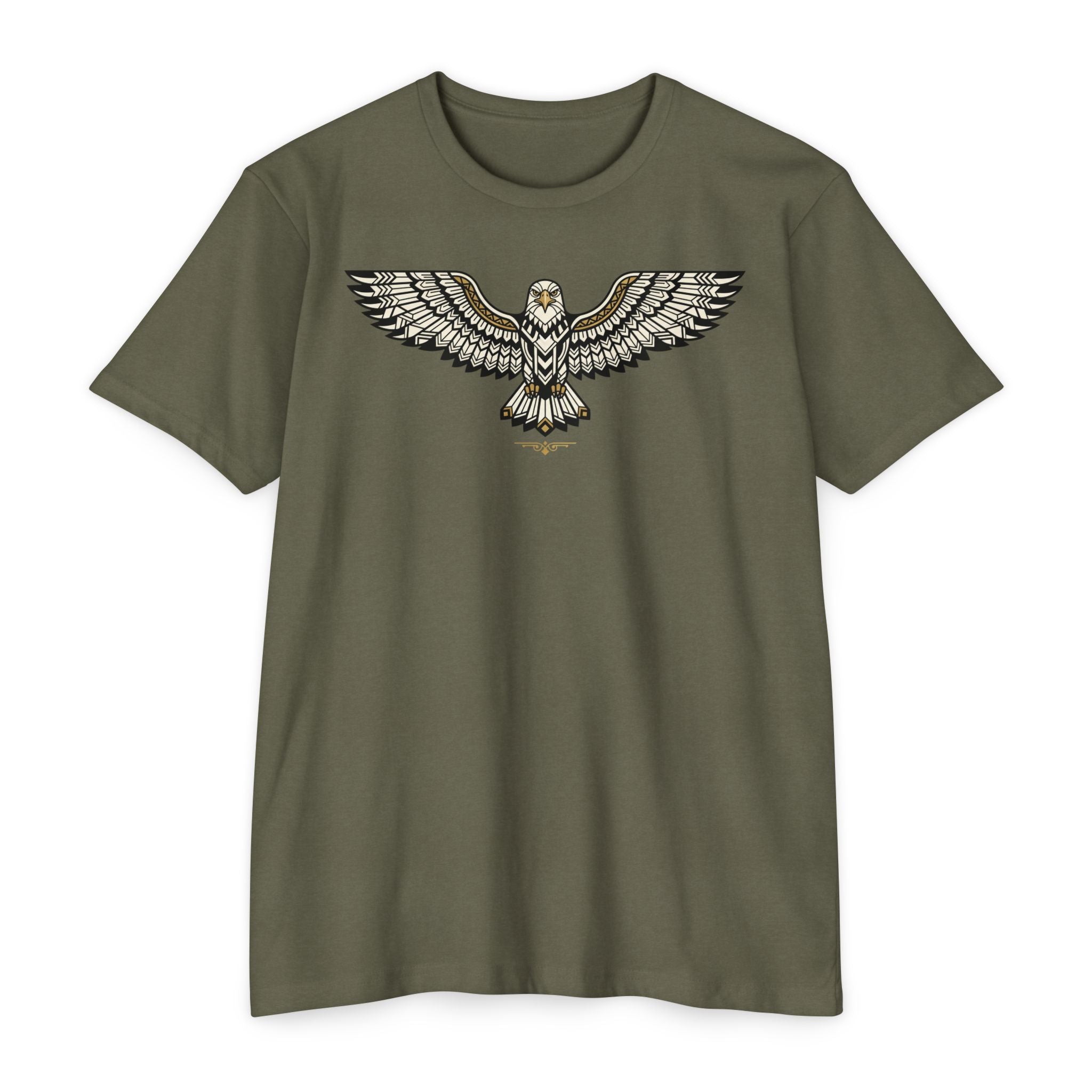 Olive green T-shirt with centered owl wing illustration graphic across the chest